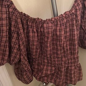 Plaid top , brown and black in color puff sleeves